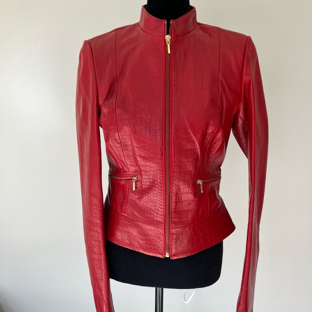 Cache Red Leather Jacket - Size 4 Cropped Gold Zip Moto Embossed Moc Croc